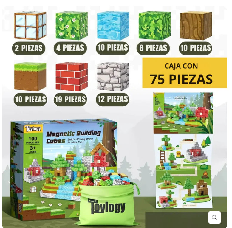 MagneCraft™ 75 piezas - Cubos Magnéticos Premium - Desarrollo Cognitivo🧠 - Fomenta la creatividad y habilidades lógicas en niños desde el primer uso + Guía Minecraft en la Vida Real: Juegos y Desafíos de Construcción con Bloques Magnéticos 🎁