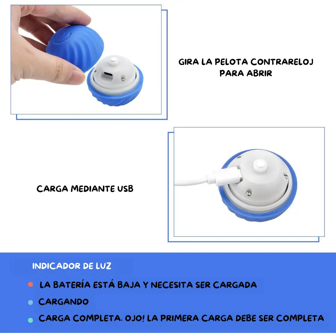 PELOTA INTELIGENTE RECARGABLE USB CON LUZ LED INTERACTIVA Y MOVIMIENTO AUTÓNOMO PARA PELUDOS🐶 Y MICHIS🐱+GUÍA CUIDADO Y DIVERSIÓN DE PELUDOS Y MICHIS