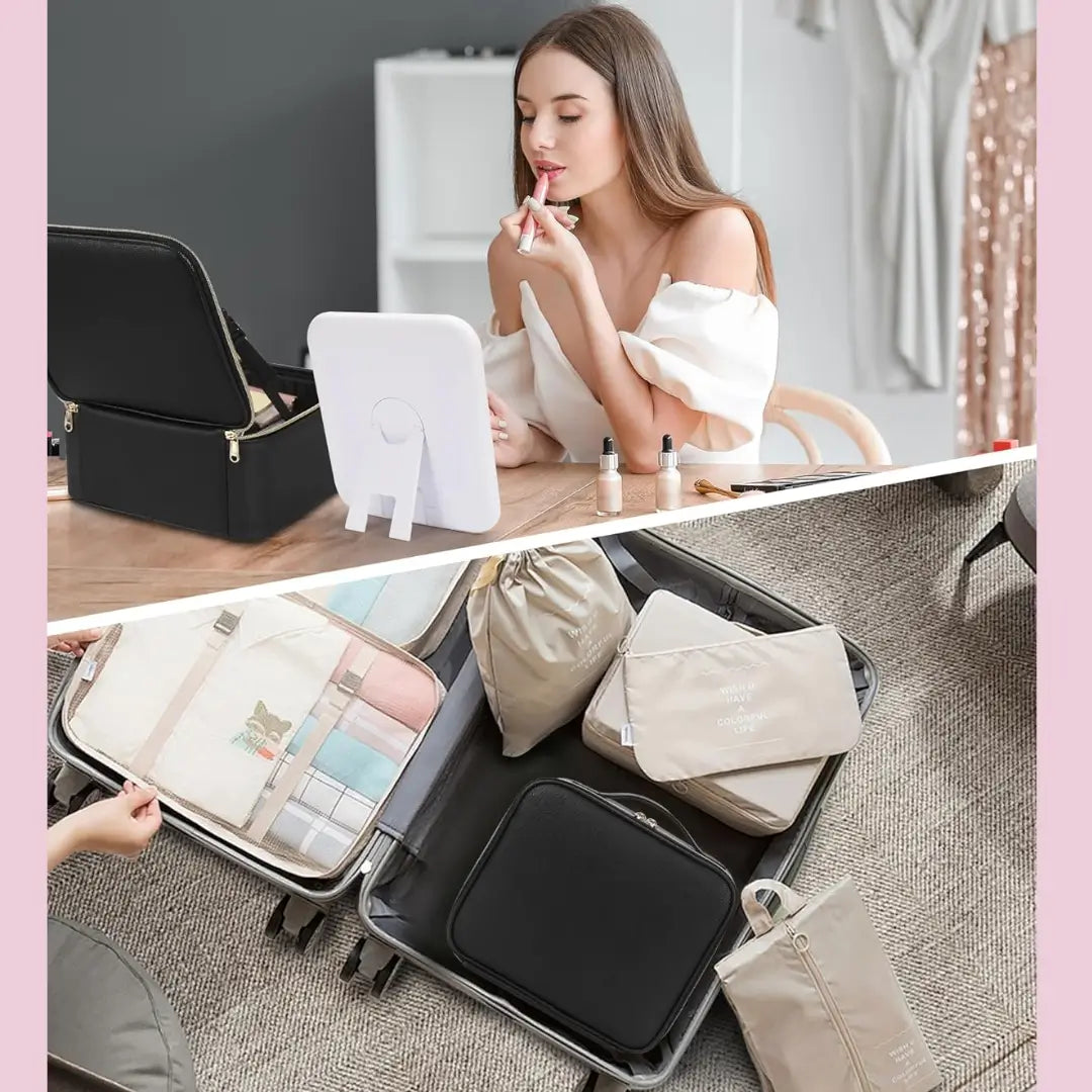 Cosmetiquero Beauty Glam✨ Con Luz Led Touch 3 Niveles + Estuche para Brochas de Regalo 🎁