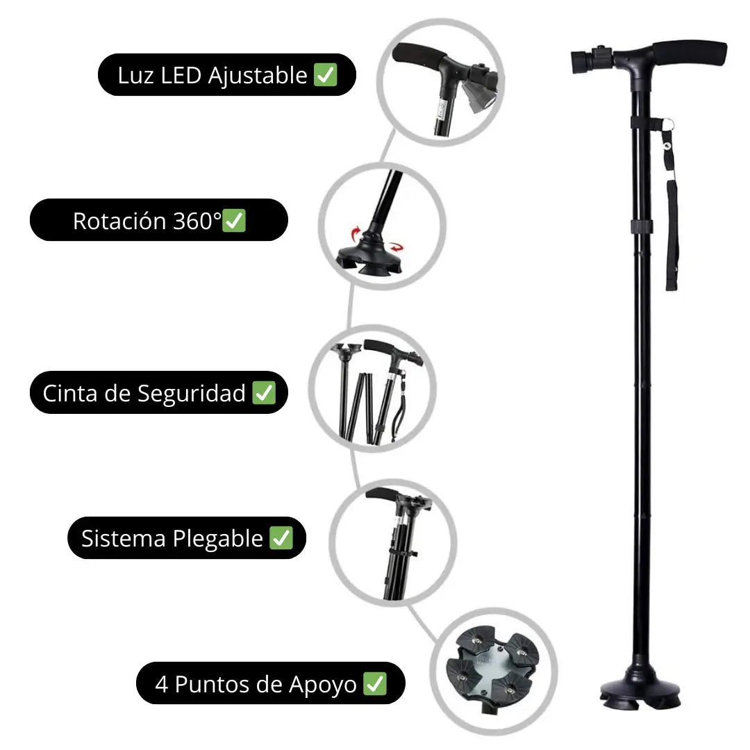 BASTÓN PLEGABLE 360° - Incluye Luz LED y 4 Apoyos Antideslizantes para mayor Estabilidad y Seguridad