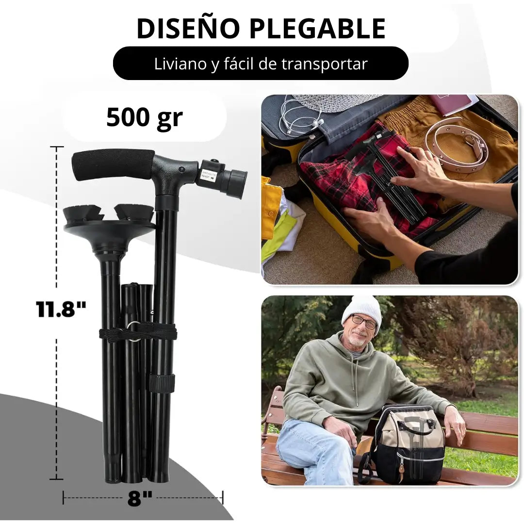 BASTÓN PLEGABLE 360° - Incluye Luz LED y 4 Apoyos Antideslizantes para mayor Estabilidad y Seguridad