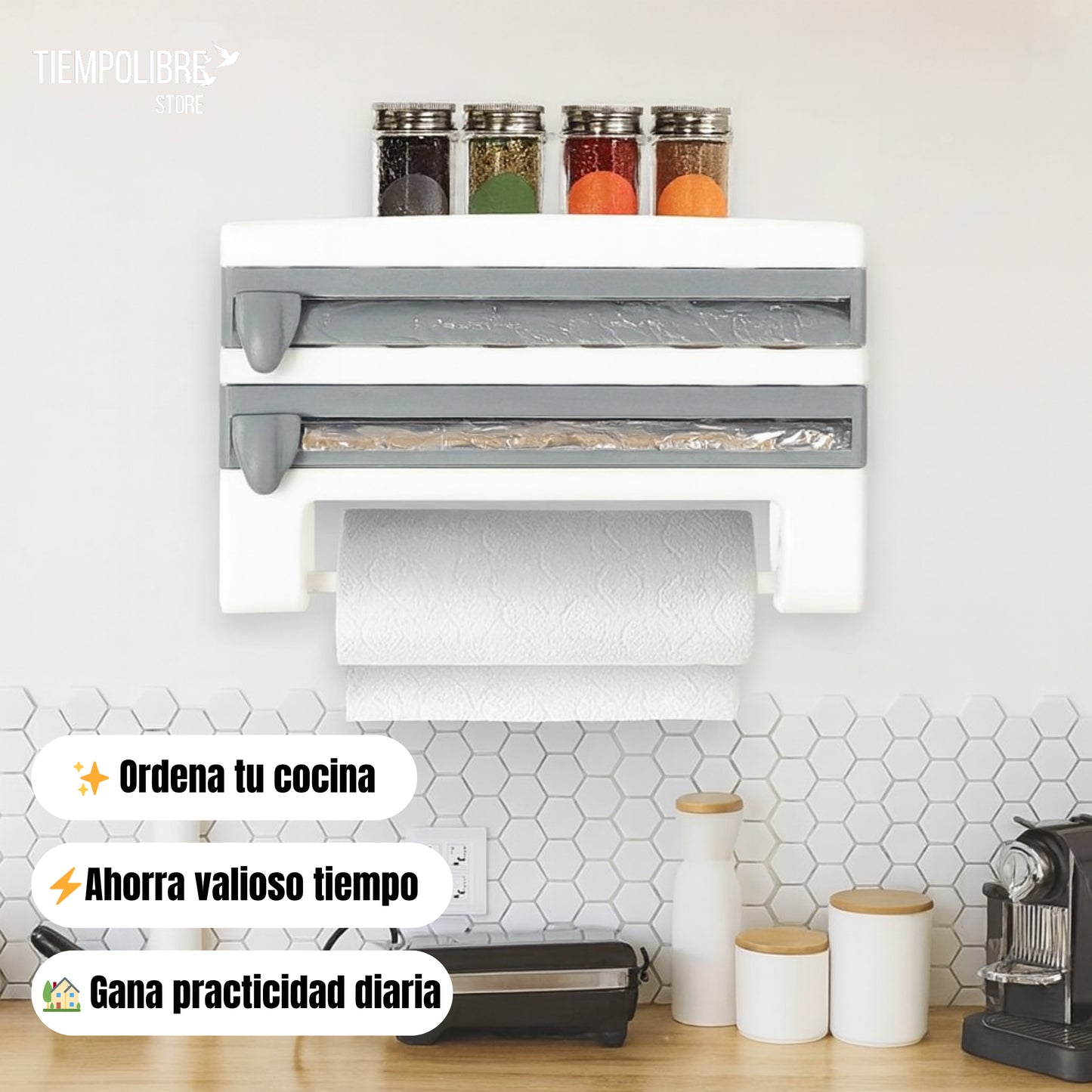 Dispensador 3 en 1 - Corta fácil y rápido - Cocina ordenada en segundos✨