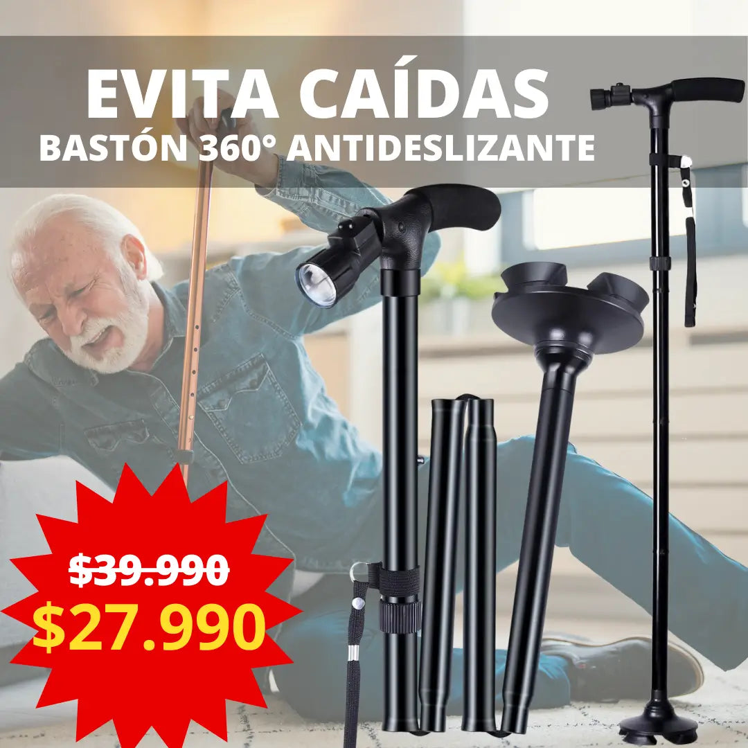 BASTÓN PLEGABLE 360° - Incluye Luz LED y 4 Apoyos Antideslizantes para mayor Estabilidad y Seguridad