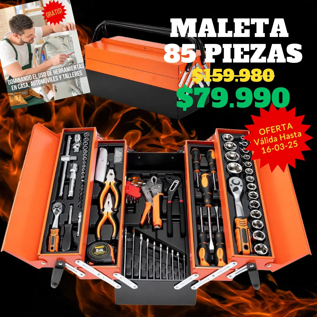 CAJA HERRAMIENTAS 85 PIEZAS 3 NIVELES - FULL EQUIPADA, PLEGABLE Y REFORZADA🛠 + GUÍA DOMINANDO EL USO DE HERRAMIENTAS EN CASA, AUTOMÓVILES Y TALLERES (GRATIS)