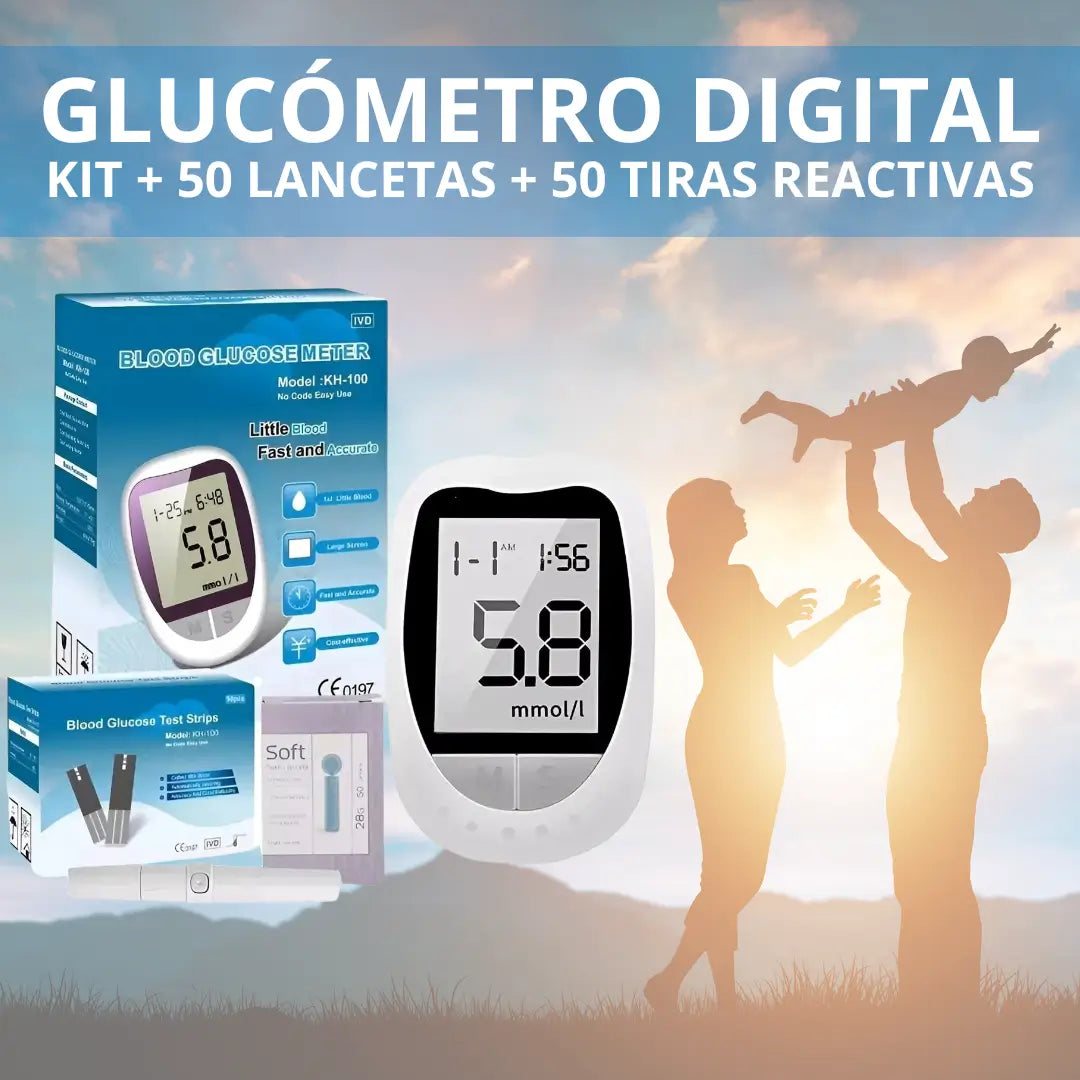 KIT GLUCOMETRO DIGITAL MEDIDOR DE GLUCOSA + 50 LANZETAS + 50 BANDAS REACTIVAS
