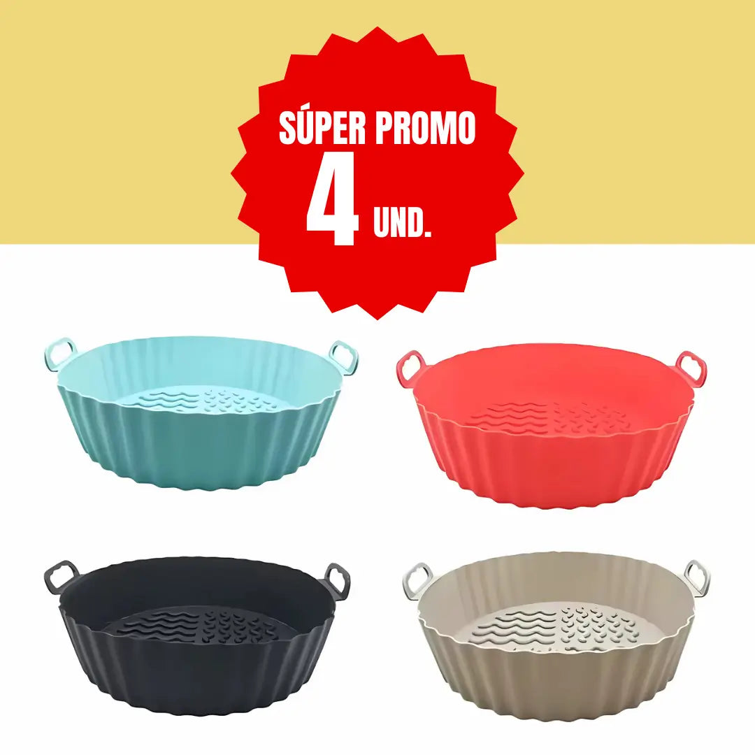 Kit ¡Lleva 4 y Paga 2! Bandejas de Silicona 20x5cm Para AirFryer✅ + EBOOK 15 Rectas Saladas y Dulces para Disfrutar tu Airfryer✨