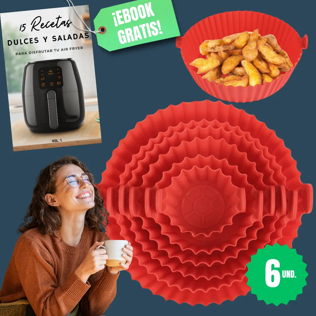 Pack 6 Bandejas de Silicona para Air Fryer✅ + EBOOK 15 Rectas Saladas y Dulces para Disfrutar tu Airfryer✨