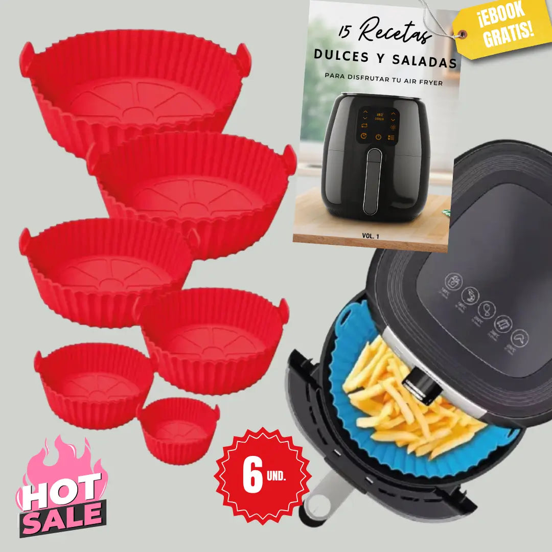 Pack 6 Bandejas de Silicona para Air Fryer✅ + EBOOK 15 Rectas Saladas y Dulces para Disfrutar tu Airfryer✨