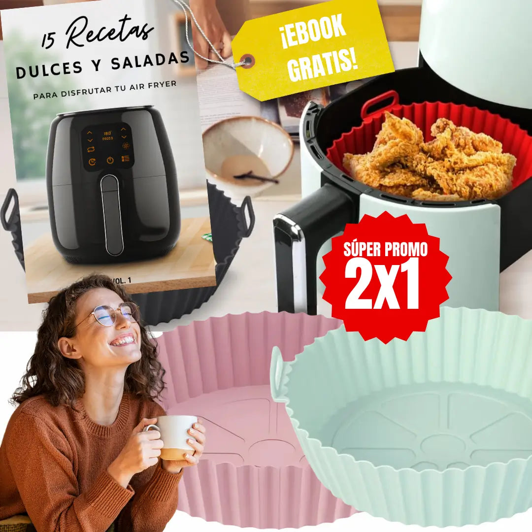 Kit ¡Lleva 2 y Paga 1! Bandejas de Silicona Freidora de Aire 7.5 lts✅ + EBOOK 15 Rectas Saladas y Dulces para Disfrutar tu Airfryer✨