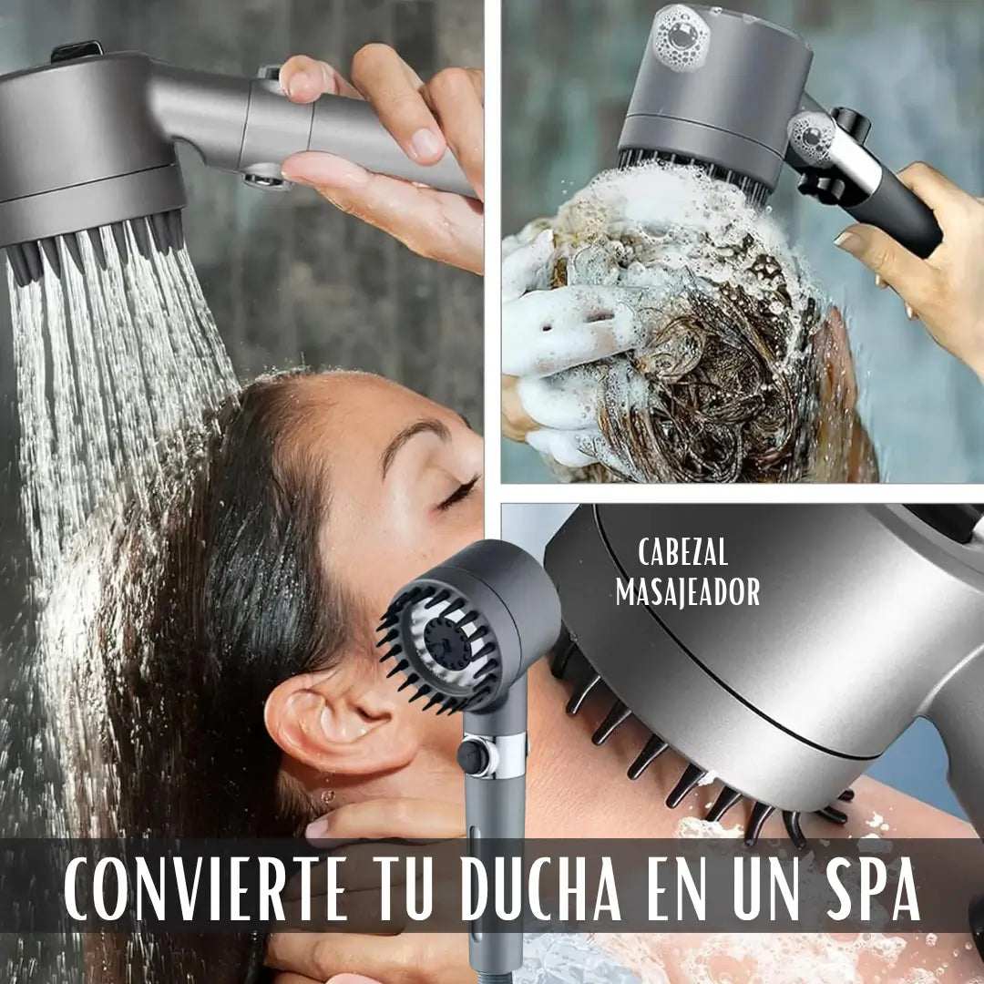 Cabezal Masajeador de Alta Presión - 4 Modos de riego + Botón Stop para Ahorro de Agua y Filtro Incluido