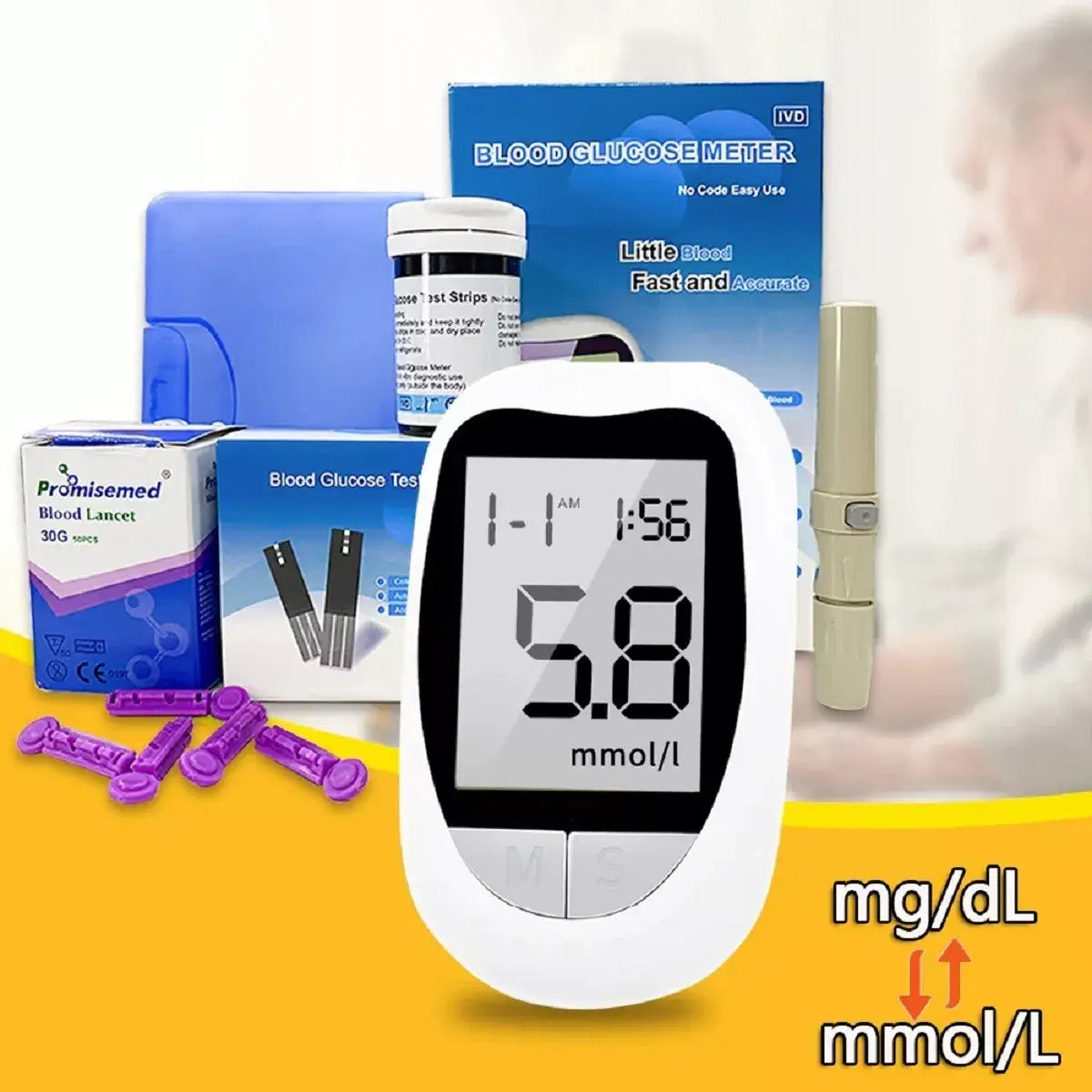 KIT GLUCOMETRO DIGITAL MEDIDOR DE GLUCOSA + 50 LANZETAS + 50 BANDAS REACTIVAS
