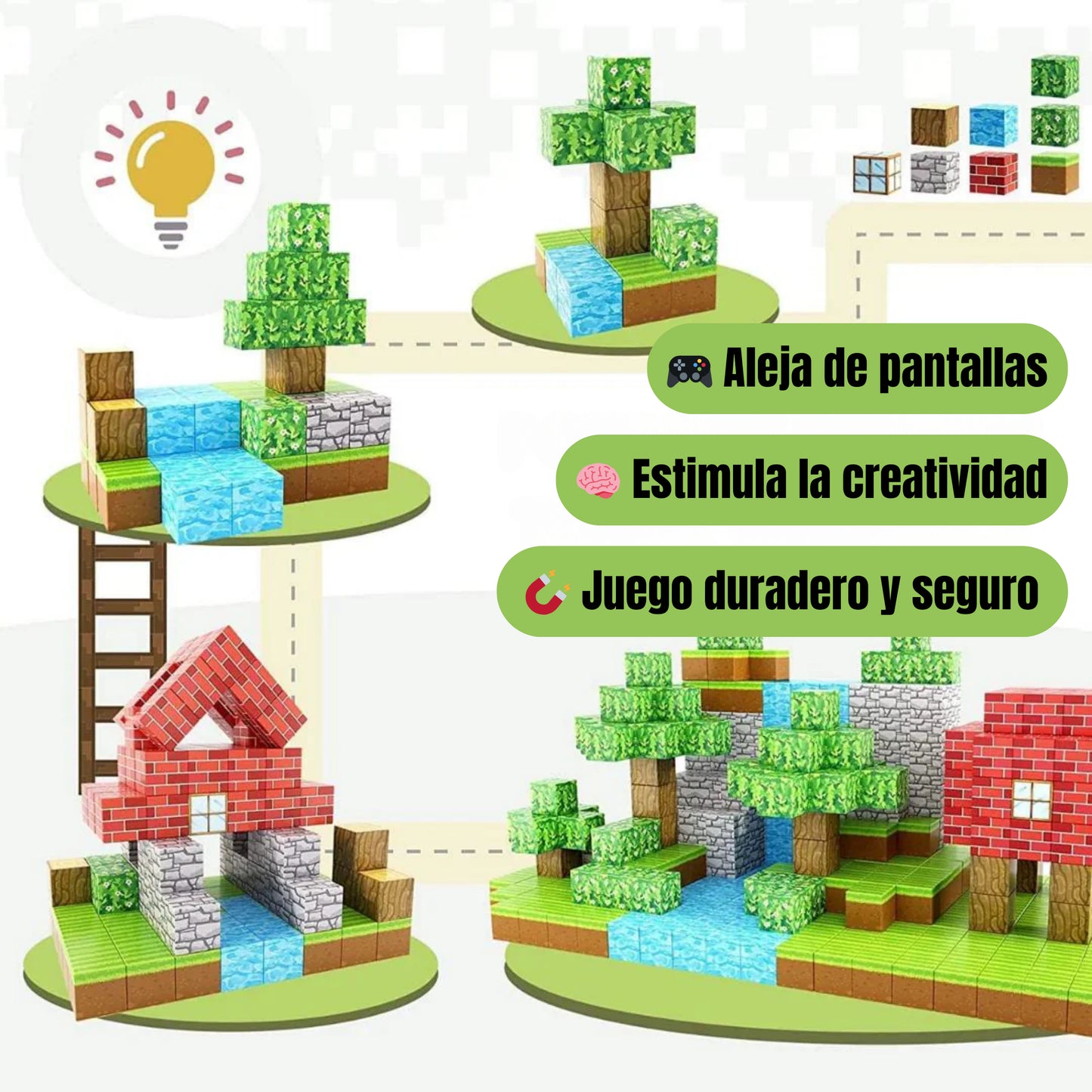 MagneCraft™ 75 piezas - Cubos Magnéticos Premium - Desarrollo Cognitivo🧠 - Fomenta la creatividad y habilidades lógicas en niños desde el primer uso + Guía Minecraft en la Vida Real: Juegos y Desafíos de Construcción con Bloques Magnéticos 🎁