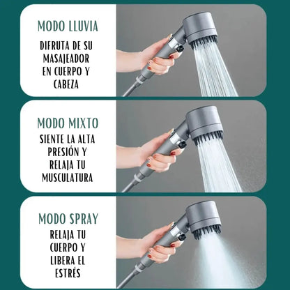 Cabezal Masajeador de Alta Presión - 4 Modos de riego + Botón Stop para Ahorro de Agua y Filtro Incluido