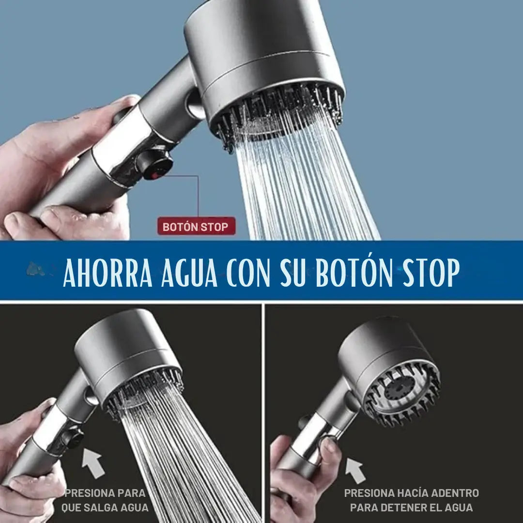 Cabezal Masajeador de Alta Presión - 4 Modos de riego + Botón Stop para Ahorro de Agua y Filtro Incluido