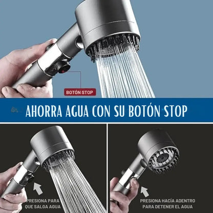 Cabezal Masajeador de Alta Presión - 4 Modos de riego + Botón Stop para Ahorro de Agua y Filtro Incluido