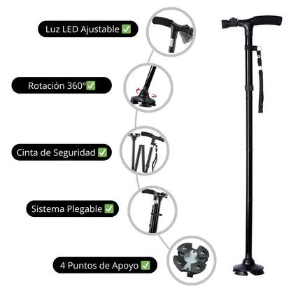 BASTÓN PLEGABLE 360° - Incluye Luz LED y 4 Apoyos Antideslizantes para mayor Estabilidad y Seguridad