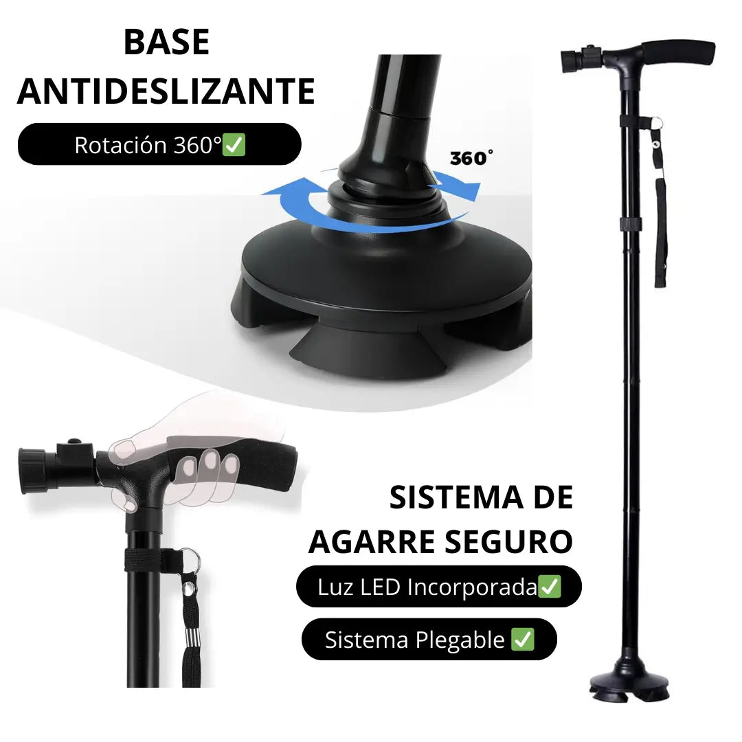 BASTÓN PLEGABLE 360° - Incluye Luz LED y 4 Apoyos Antideslizantes para mayor Estabilidad y Seguridad