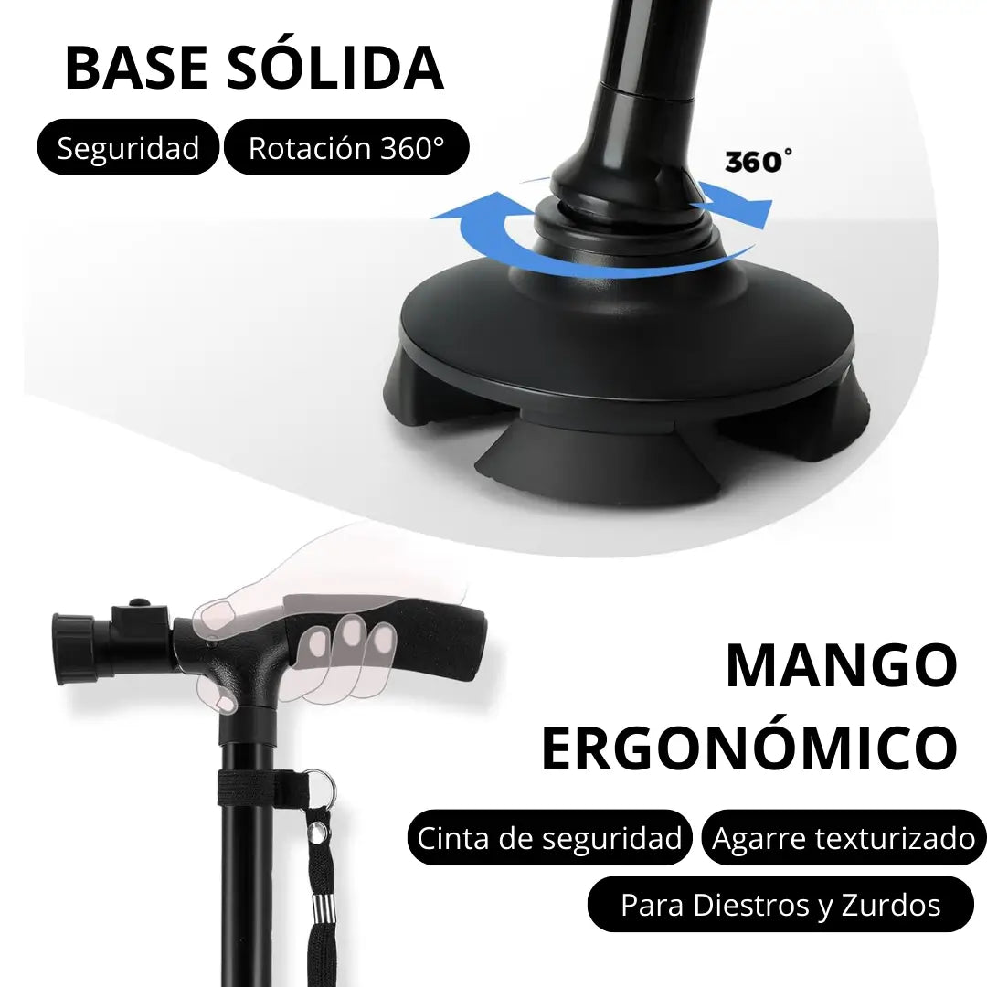 Bastón Plegable Ergonómico 360° Luz LED - Previene Caídas