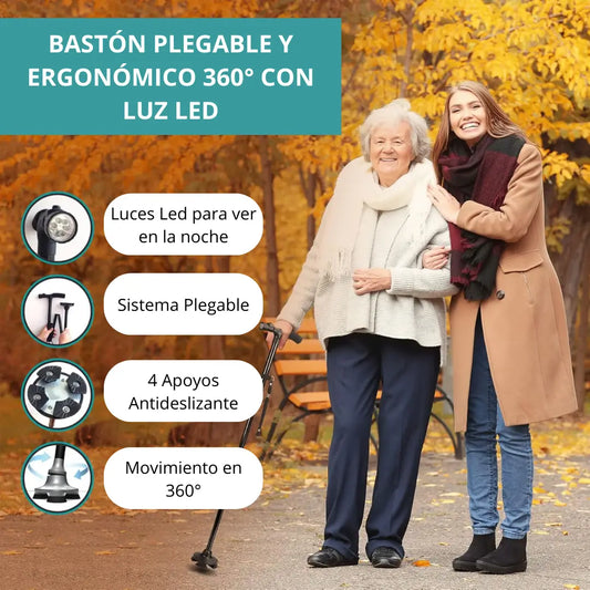 Bastón Plegable Ergonómico 360° Luz LED - Previene Caídas