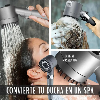 Cabezal Masajeador de Alta Presión - 4 Modos de riego + Botón Stop para Ahorro de Agua y Filtro Incluido