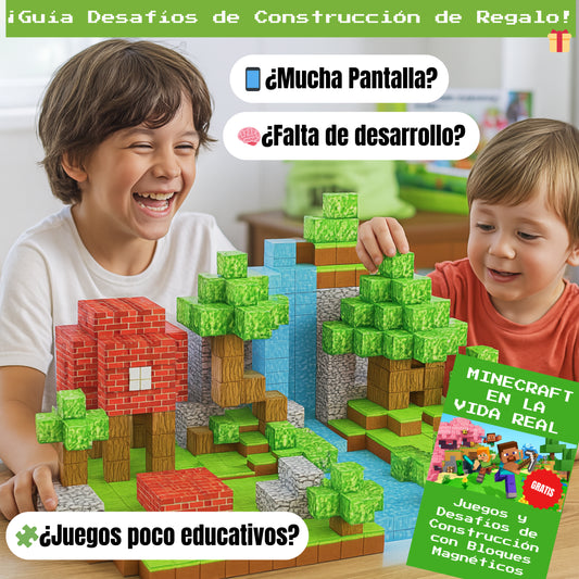 MagneCraft™ 75 piezas - Cubos Magnéticos Premium - Desarrollo Cognitivo🧠 - Fomenta la creatividad y habilidades lógicas en niños desde el primer uso + Guía Minecraft en la Vida Real: Juegos y Desafíos de Construcción con Bloques Magnéticos 🎁