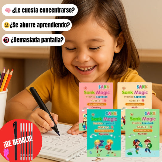 Súper Combo🔥: 4 Cuadernos Montessori Reutilizables + Lapicero Mágico: Único con 10 Minas Repuesto Tinta Invisible