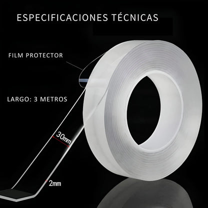 Pack 2x1 Cinta Mágica Adhesiva Doble Faz 3mt x 30mm - Adhesión Potente, Reutilizable, No deja Residuos ni Daña las Superficies✅