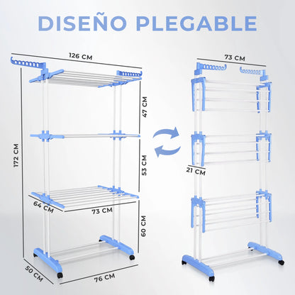 Tendedero Plegable 3 Niveles Full Capacidad- Ahorra espacio - Instálalo en 10 s y seca tu ropa donde quieras!