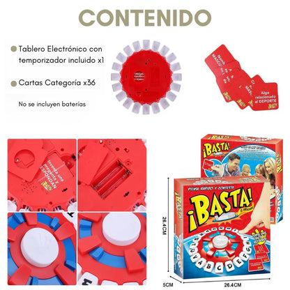 Juego de Mesa ¡BASTA! En Español – Desafía tu mente – Une a la familia en minutos de diversión sin pantallas - Incluye Temporizador Visual y Auditivo + Manual de Penitencias Gratis: ¡Te tocó perder!: ¡Sin picarse!🤣